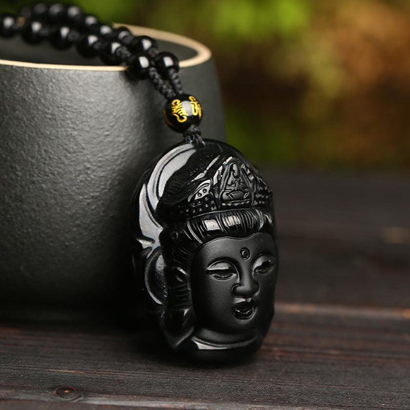 Colar de Pedras Naturais Obsidiana Negra Kuan Yin Buda - Zalupe